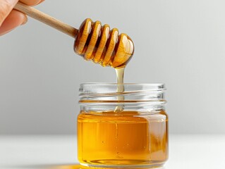 Indulge in the golden sweetness A captivating close-up of dripping honey from a wooden dipper into a charming glass jar, evoking feelings of natural goodness and culinary delight Experience the rich