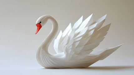 3D origami swan, gracefully folded with smooth curves, plain white background  © Aisha