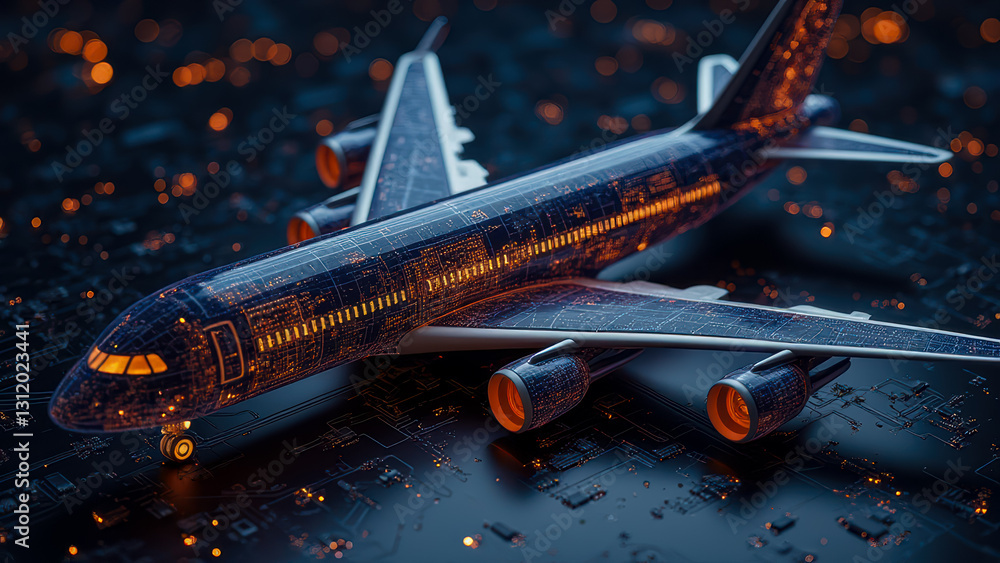 Poster futuristic airplane model with digital circuit pattern and glowing elements on a dark background