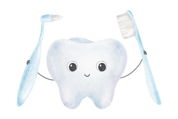 Cute Tooth character holding blue toothbrushes. Isolated watercolor illustration of Funny kawaii character for kids goods, pediatric dentistry, dental health care, packaging design