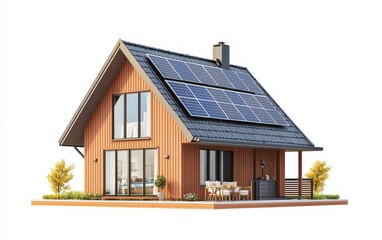 Single Scandinavian-style house with solar panels and Scandinavian-inspired interior, isolated on a white background
