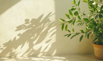 Sunlight and Shadows on a Wall with a Potted Plant