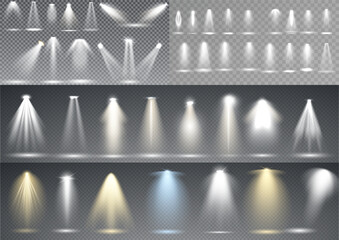 Scene illumination collection, transparent effects. Bright lighting with spotlights.