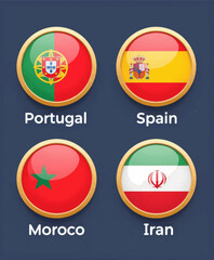 Portugal, Spain, Morocco, and Iran flags in gold circle icons
