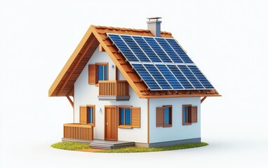 Single Scandinavian-style house with solar panels and wooden shutters, isolated on a white background