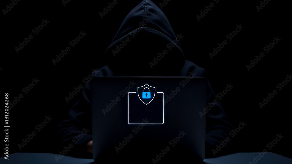 Poster mysterious hacker visualizing cybersecurity shield on laptop in dark environment using hooded figure