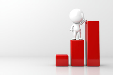 3D character standing on red bar graph, representing growth and success. character gestures upward, symbolizing achievement and progress in business or finance