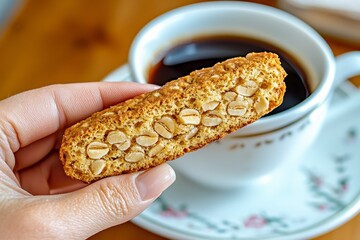 Indulge in the Perfect Pairing Captivating Image of a Crisp Biscotti Biscuit Held Delicately Against the Backdrop of a Steaming Cup of Aromatic Coffee, Evoking Feelings of Warmth, Comfort, and Simple