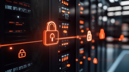 Futuristic Data Center with IoT Devices Secured by Cybersecurity Locks and Encrypted Firewalls