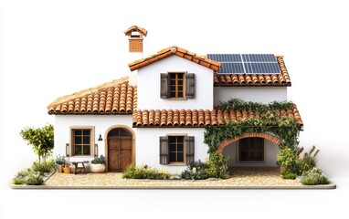Single traditional Mediterranean-style villa with solar panels and a terracotta roof, isolated on a white background