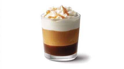 Creamy Caramel Macchiato Dessert in a Clear Glass Cup with Fluffy Froth and a Layered Appearance, Perfect for Coffee Lovers and Sweet Treats