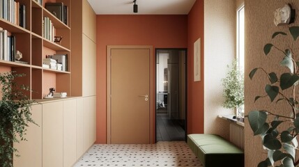 This stylish entrance hall showcases warm terracotta walls, a sleek green bench, and a striking patterned floor. Cozy plants enliven the aesthetic, creating an inviting atmosphere