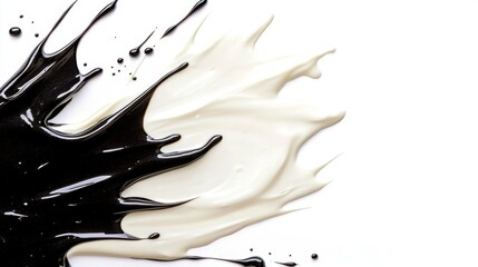 Abstract image of black and off white paint splatters on a white background. The paint is thick and textured, creating a dynamic and artistic effect.