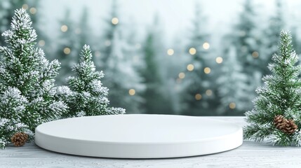 Festive Winter Scene White Round Display Platform with Snow Covered Pine Trees and Soft Bokeh Lights