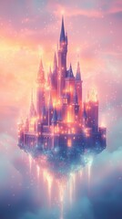 Enchanting floating castle in vibrant twilight.