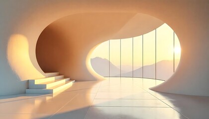 An architectural interior featuring stairs and a large mountain view window