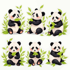Obraz premium Six Adorable Cartoon Pandas with Green Leaves 