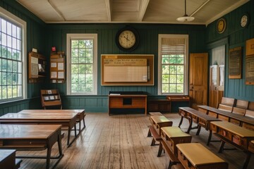 A glimpse into a vintage oneroom schoolhouse classroom with wooden desks and large windows