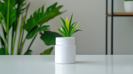 White supplement bottle with plant on a table.
