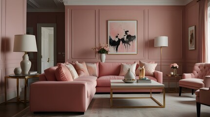 The cozy living room features a stylish pink couch complemented with a charming coffee table and beautiful paintings , creating a warm and inviting atmosphere. generative.ai