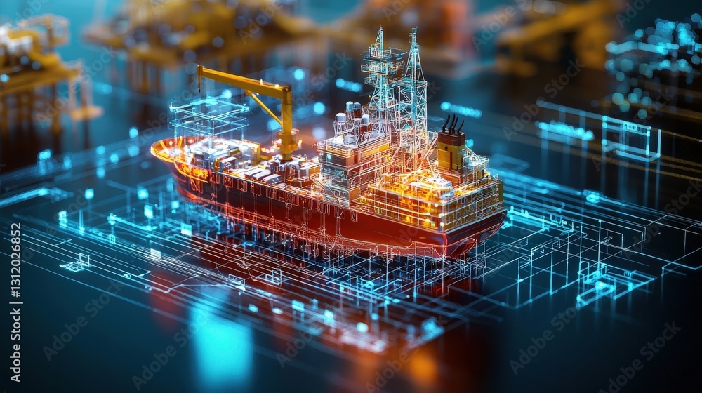 Poster a high-tech shipyard illuminated with augmented reality path indicators.