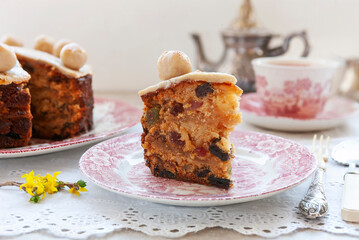 Homemade Simnel Cake traditional English Easter marzipan cake.