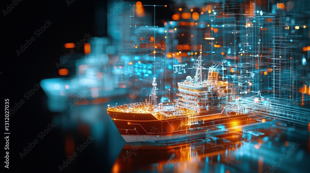 Poster a high-tech shipyard illuminated with augmented reality path indicators.