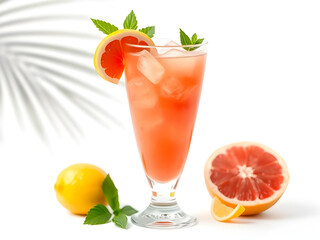 Grapefruit juice, a cocktail based on grapefruit juice, with the addition of other fruits, ice and a lemon peel garnish. 