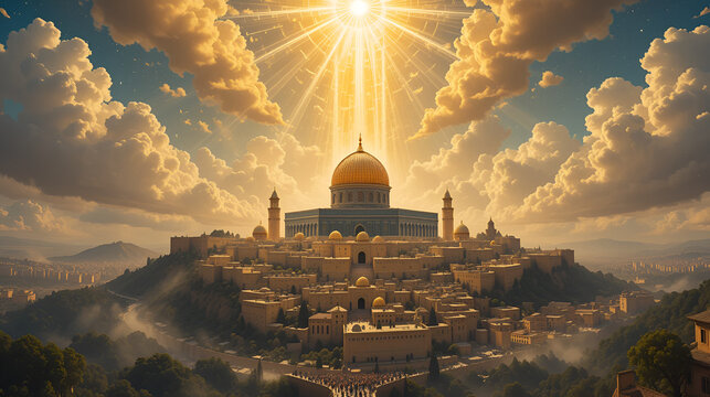 From the heavens descends the New Jerusalem made of gold, descend of God according to Bible. God calls His people to gather, as the divine city touches the earth.