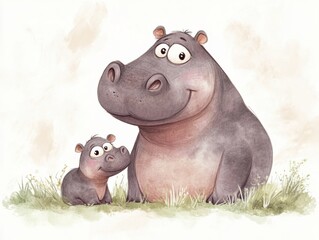 Happy hippos enjoying a peaceful moment in a grassy area near water