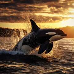 Obraz premium Orca leaping at sunset