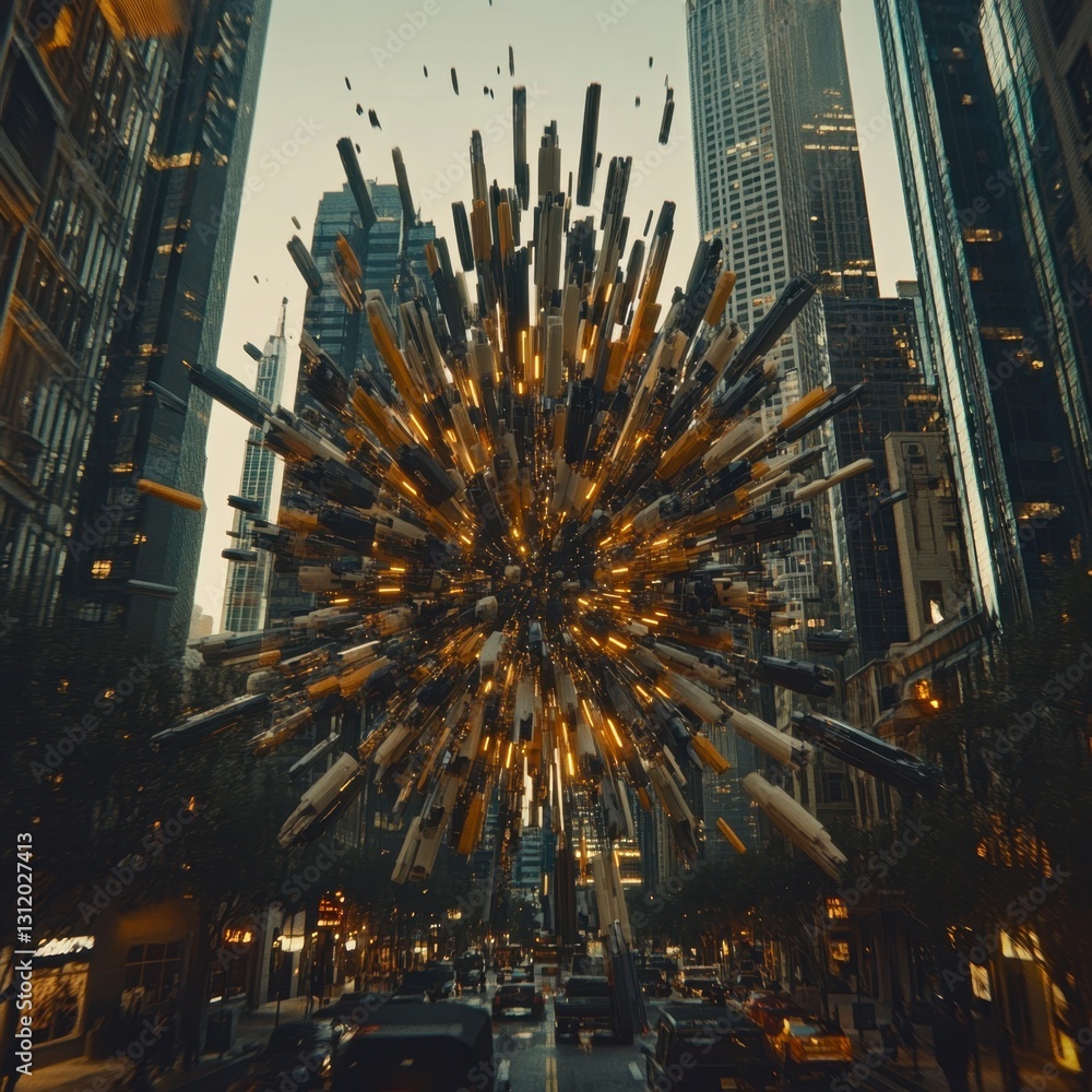 Poster abstract 3d rendering of a city street scene with a burst of geometric shapes in gold and black tone