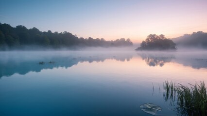 Fototapeta premium Calm, misty lake at dawn with soft pastel colors reflecting off the still water, surrounded by lush green trees and distant hills.