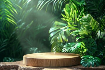Lush Tropical Foliage Background with Wooden Display Platform for Product Presentation