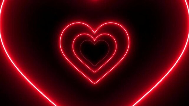 Bright glowing endless heart tunnel in the Universe. Red hearts on dark background with rose gold shiny stars. Streaming background. Romantic hearts, saint Valentine's Day animation.
