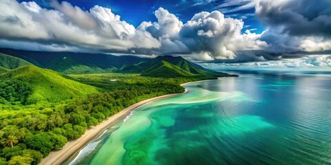 Noah Beach, Daintree: Long-exposure aerial captures Queensland's tropical coast, a vibrant, blurred paradise.