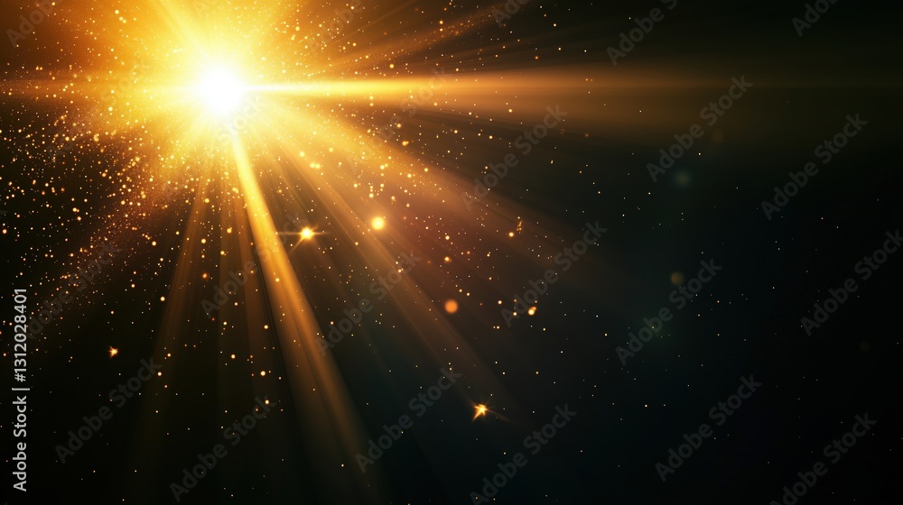 Poster Glowing golden light rays with lens flare on a black background. Radiant abstract starburst or sun flare with bokeh and sparkling particles, creating a cinematic and ultra-realistic effect with high d