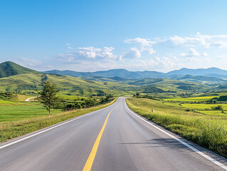 Naklejka premium Vast open road leading to green hills scenic landscape daytime view nature inspiration