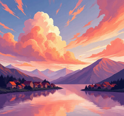 Vibrant pixel art village nestled by a serene lake sunset
