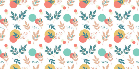 Modern botanical seamless pattern with abstract leaves and circles. Perfect for summer promo flyers, creative invitations, and nature-inspired designs.