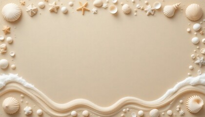 Seashells and Starfish Border on Beige Background Creating a Beach Theme