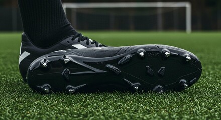 Obraz premium Close up of Black Leather Soccer Cleats on Grass Field Football Boots Detail