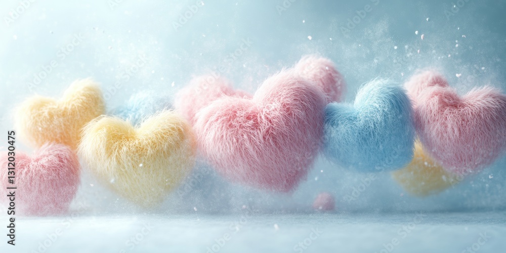 Poster fluffy colorful hearts floating playfully in a whimsical soft background