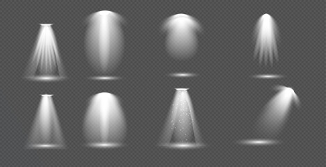 Scene illumination collection, transparent effects. Bright lighting with spotlights.