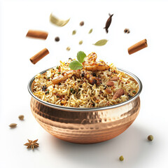 Indian Biryani being thrown in the air flying with spices floating around, on a white background 