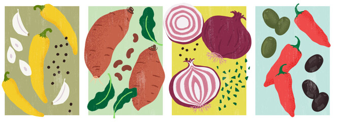 Vegetables Illustrations Set - yellow peppers, sweet potatoes, spinach leaves, garlic cloves, black pepper, red onion, red beans, green and black olives, red chili peppers