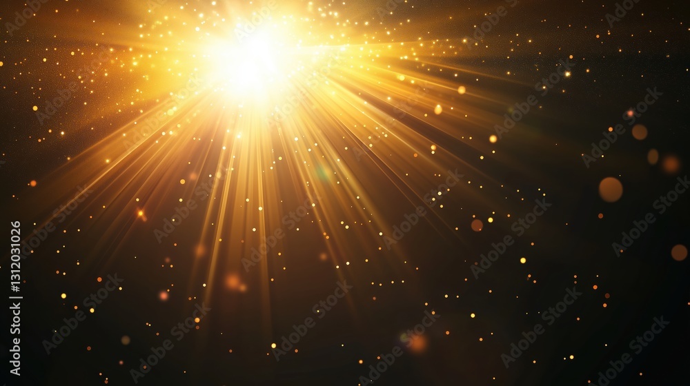Poster Glowing golden light rays with lens flare on a black background. Radiant abstract starburst or sun flare with bokeh and sparkling particles, creating a cinematic and ultra-realistic effect with high d