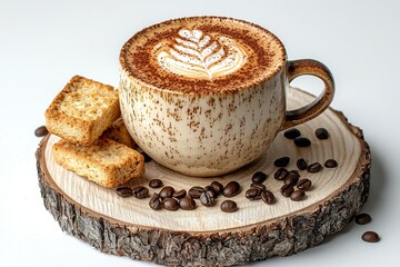 Indulge in the warm embrace of a beautifully crafted cappuccino, its creamy froth adorned with intricate latte art, nestled beside golden-brown biscotti on a rustic wooden coaster, a symphony of