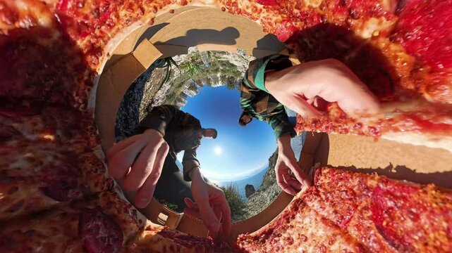 Two People Reaching for Pizza Slices from an Open Box, Captured with a 360-Degree Tiny Planet Effect, Creating a Unique Perspective with a Scenic Outdoor View and a Bright Blue Sky