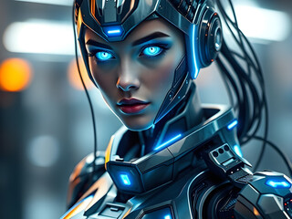 A futuristic female cyborg with glowing blue eyes and a sleek metallic exoskeleton